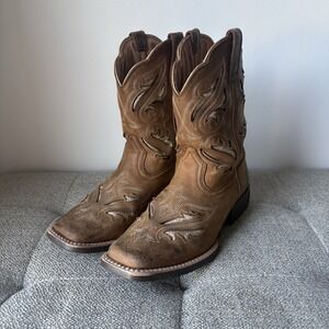 Ariat Western Boots Youth Sz4 Brown Embroidered Square Toe Cowgirl Leather